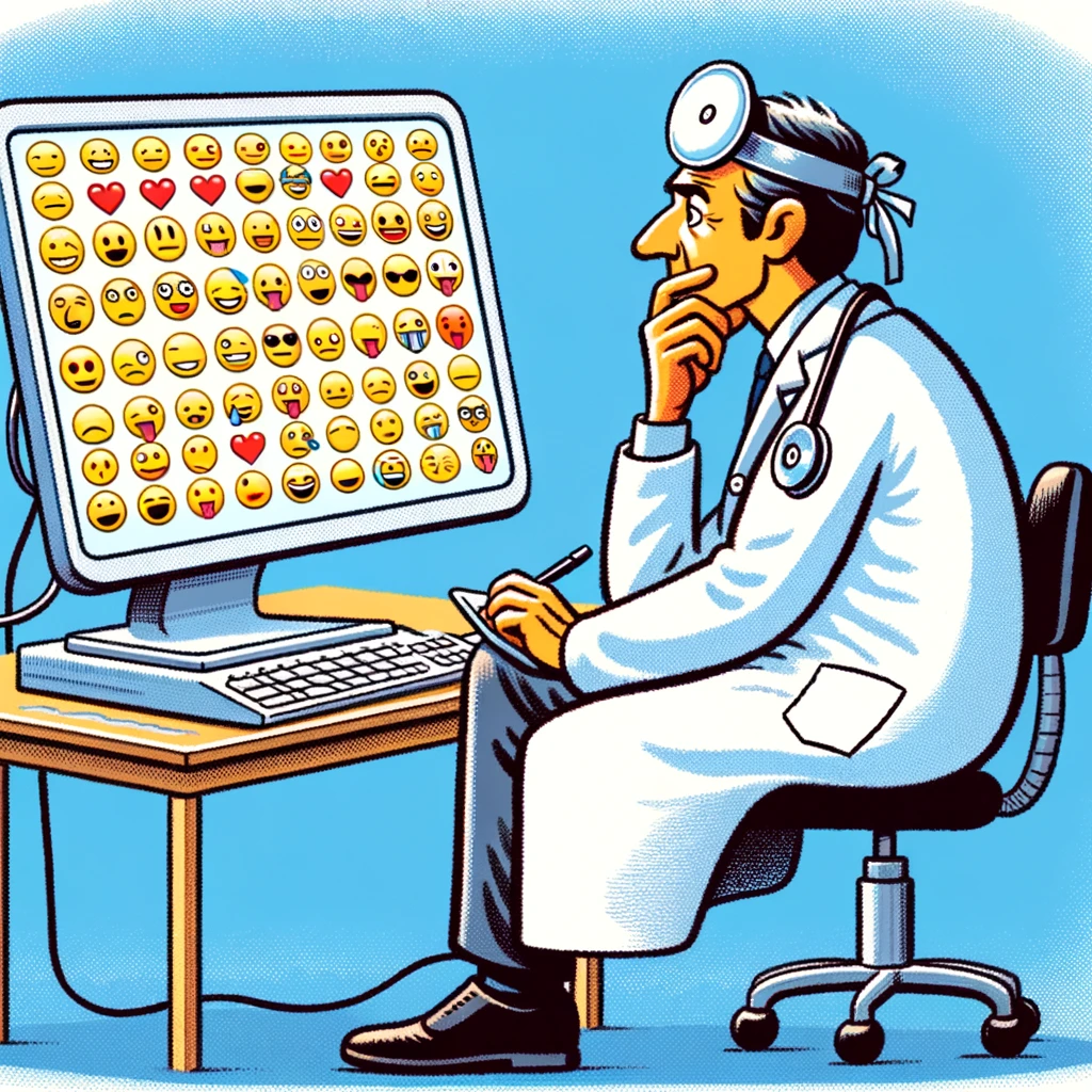 A cartoon of a doctor looking at a computer screen displaying only emojis, with the caption 'Deciphering patient symptoms in the digital age'