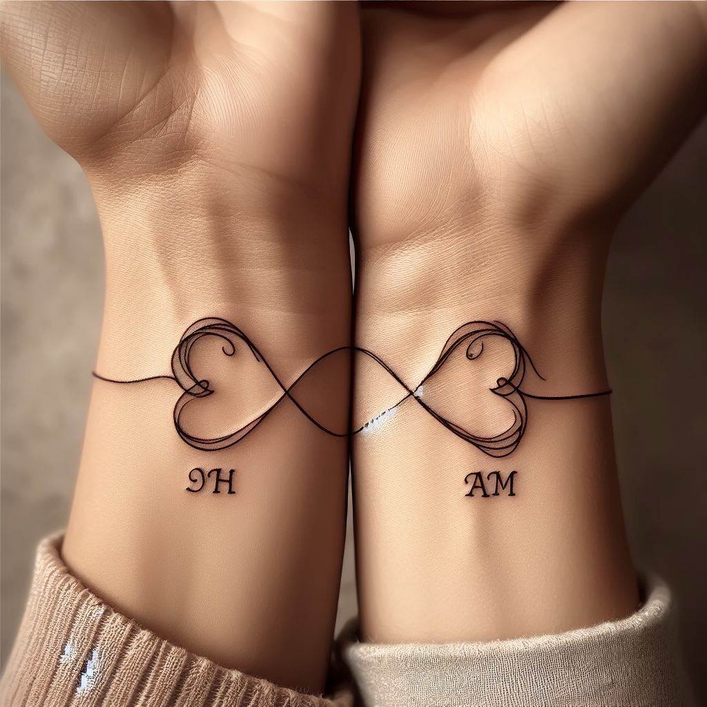 Two sisters with matching wrist tattoos that, when placed together, complete a heart shape. The tattoos should have a fine line, minimalist design, emphasizing simplicity and the strength of their connection. Each half of the heart is adorned with the initials of the sisters, adding a personal touch to the symbol of love and unity.