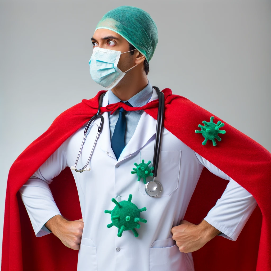 A funny image of a doctor wearing superhero cape and stethoscope, standing heroically with the caption 'Ready to battle the flu season'