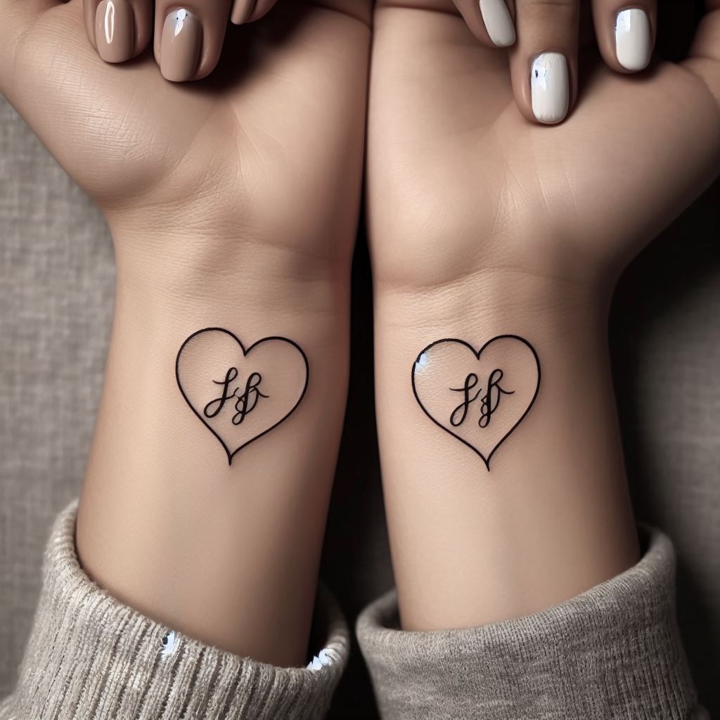 Two sisters with matching wrist tattoos that, when placed together, complete a heart shape. The tattoos should have a fine line, minimalist design, emphasizing simplicity and the strength of their connection. Each half of the heart is adorned with the initials of the sisters, adding a personal touch to the symbol of love and unity.
