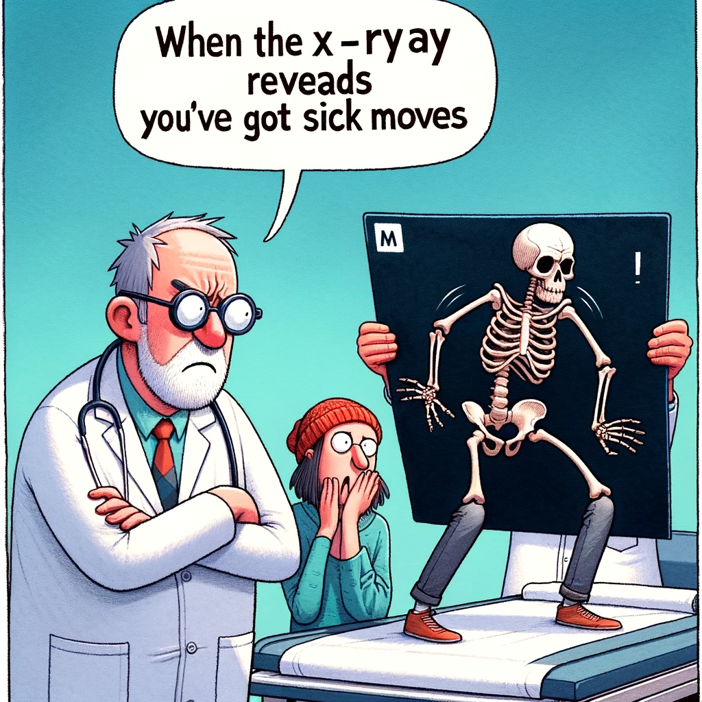A cartoon of a doctor and a patient both looking confused at an x-ray showing a skeleton doing a funny dance, with the caption 'When the x-ray reveals you've got sick moves'