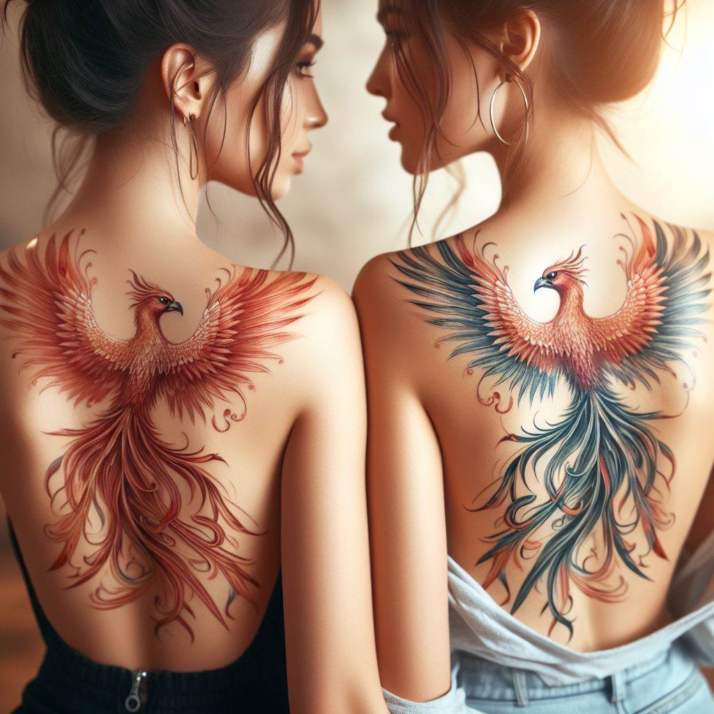 Two elegant, matching phoenix tattoos on the shoulder blades of two sisters, symbolizing rebirth, growth, and resilience. The phoenixes should be in mid-flight, with wings spread wide and feathers detailed in vibrant colors, reflecting the beauty and strength in overcoming challenges together. The background is soft and blurred to ensure the focus remains on the intricate designs of the tattoos.