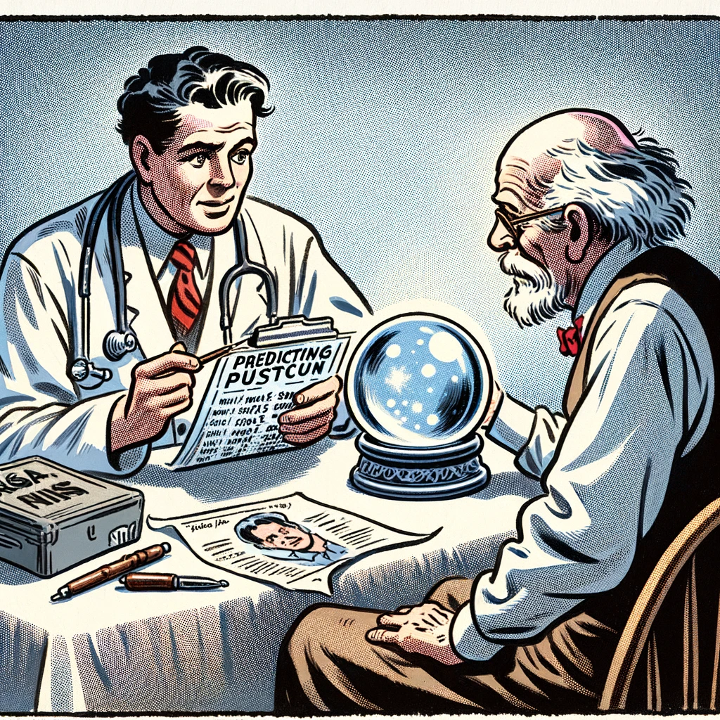A cartoon of a doctor consulting a crystal ball instead of medical charts, with the caption 'Predicting patient outcomes the old-fashioned way'