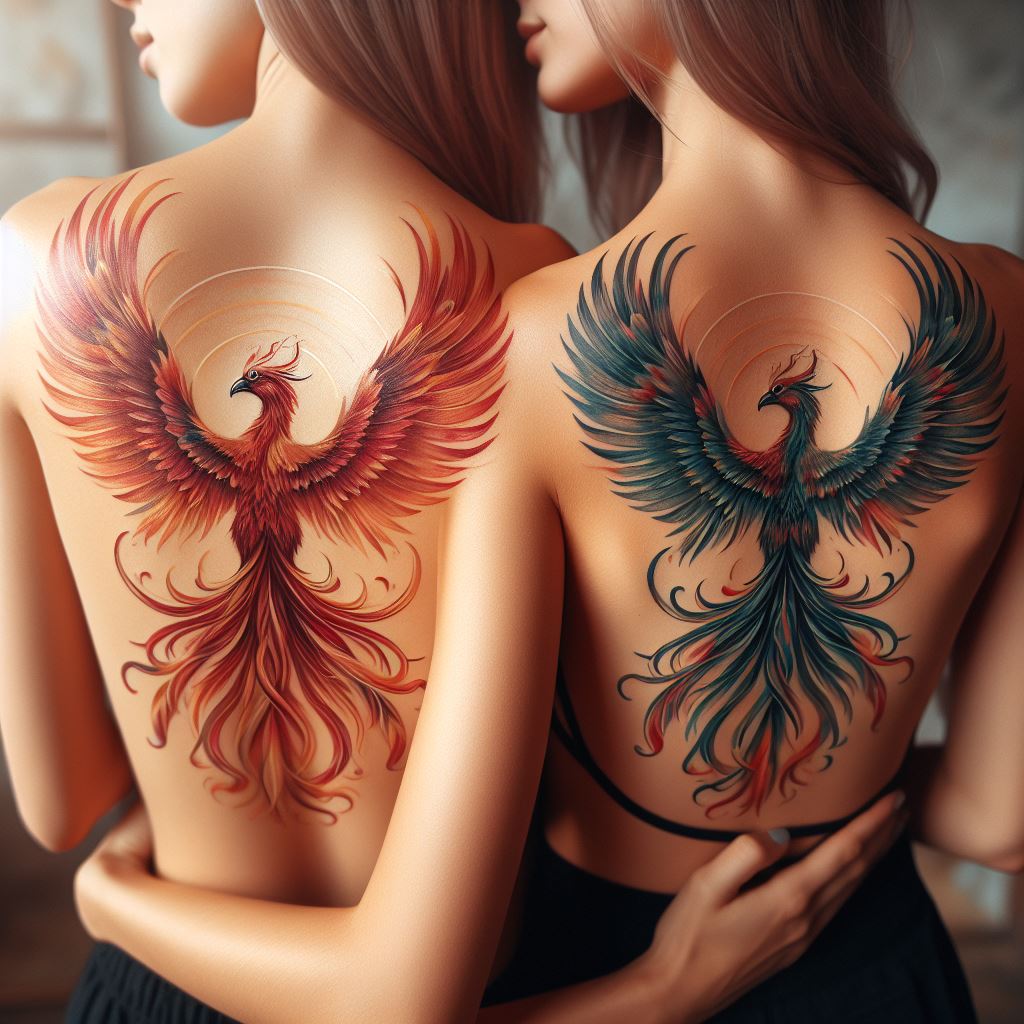 Two elegant, matching phoenix tattoos on the shoulder blades of two sisters, symbolizing rebirth, growth, and resilience. The phoenixes should be in mid-flight, with wings spread wide and feathers detailed in vibrant colors, reflecting the beauty and strength in overcoming challenges together. The background is soft and blurred to ensure the focus remains on the intricate designs of the tattoos.