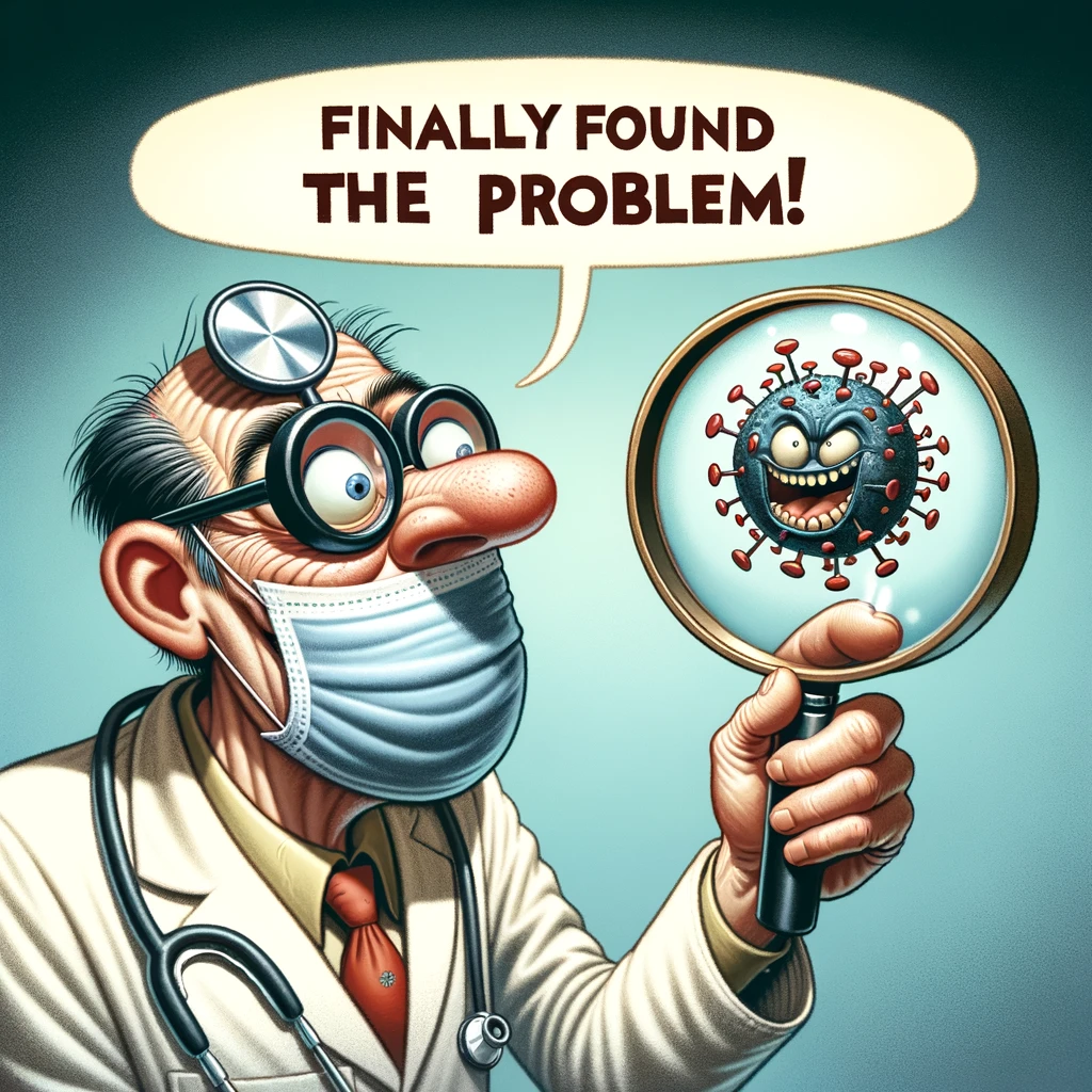 A comical image of a doctor looking through a magnifying glass at a tiny virus, with the caption 'Finally found the problem!'