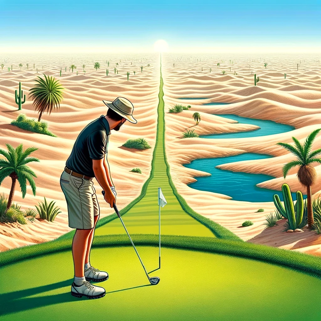 A golfer squinting down a long, parched fairway that seems to stretch endlessly, with a mirage of the flagstick at the end, surrounded by an oasis and palm trees. The humorous caption reads: "When you're 5 over par and the fairway starts messing with you." This image captures the golfer's desperate hope and the tricks the mind plays under the heat and pressure of the game, blending the reality of golf with the fantasy of an easier hole.