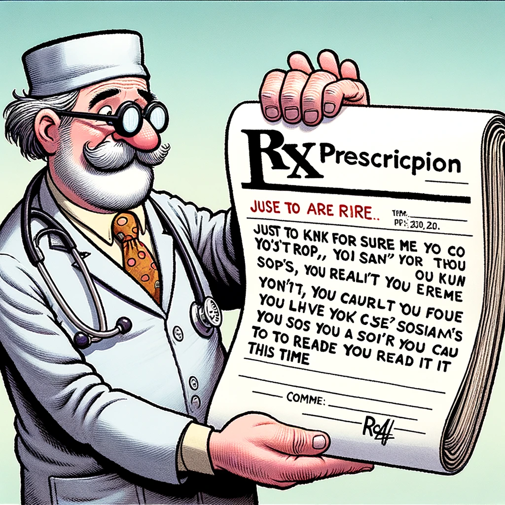 A humorous cartoon of a doctor holding an oversized prescription note, with the caption 'Just to make sure you can read it this time'