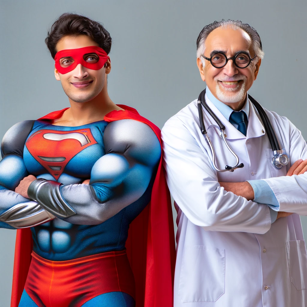 A funny image of a doctor and a patient both in superhero costumes, with the caption 'When both doctor and patient are ready to fight the illness together'