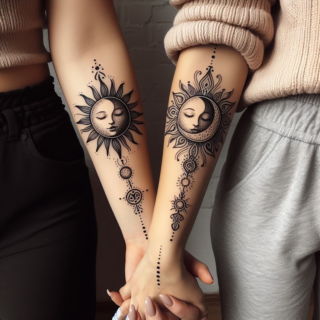 Two sisters with complementary forearm tattoos, where one has a sun and the other a moon, symbolizing their differences yet undeniable bond. The designs are intricate with dot work and fine lines, showcasing the contrast and balance between them. The background is neutral, focusing attention on the detailed artwork and the symbolism of their relationship.