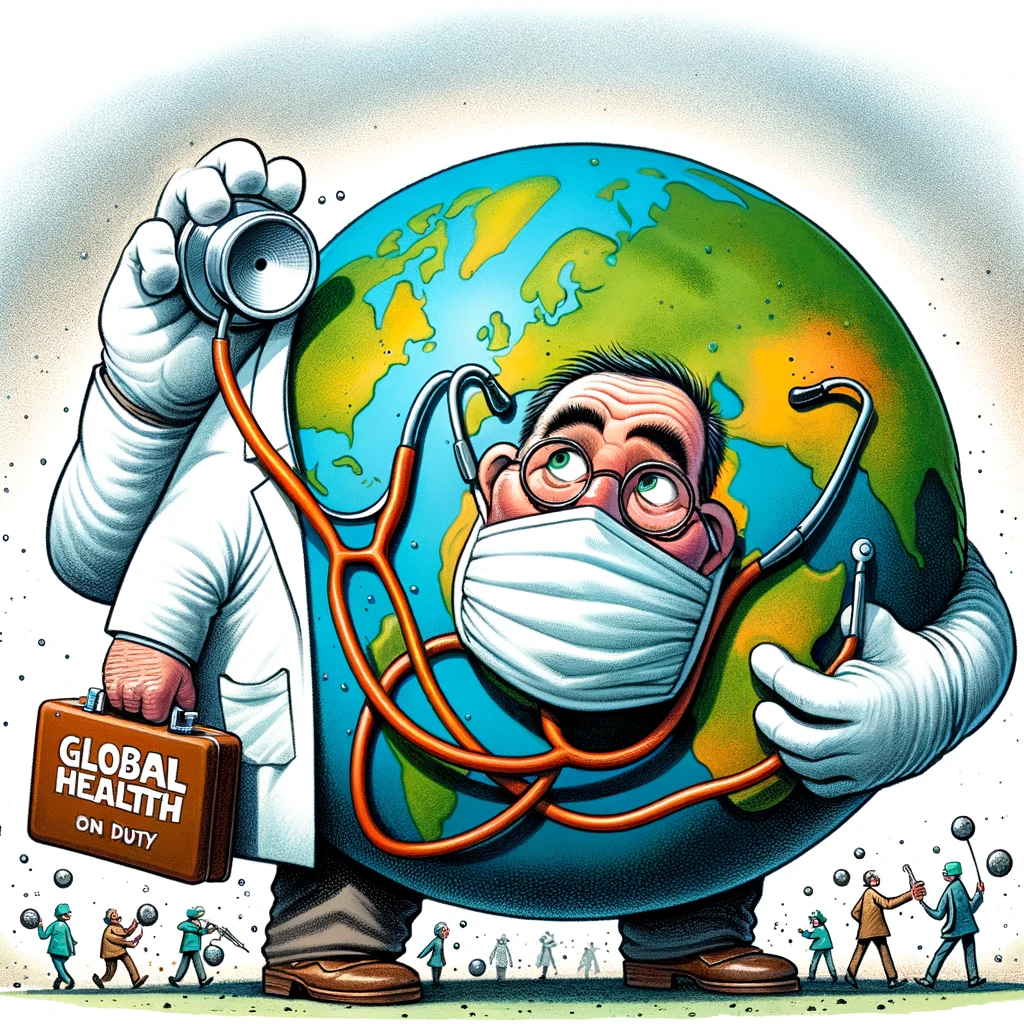 A cartoon showing a doctor with an enormous stethoscope listening to the earth, with the caption 'Global health specialist on duty'