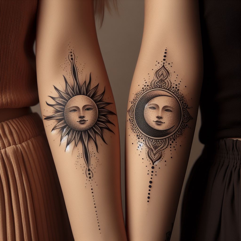 Two sisters with complementary forearm tattoos, where one has a sun and the other a moon, symbolizing their differences yet undeniable bond. The designs are intricate with dot work and fine lines, showcasing the contrast and balance between them. The background is neutral, focusing attention on the detailed artwork and the symbolism of their relationship.