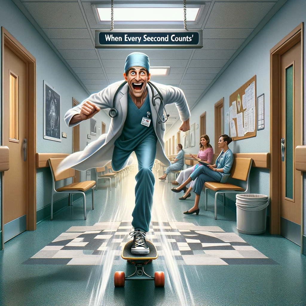 A comical image of a doctor on a skateboard, rushing through the hospital corridors, with the caption 'When every second counts'
