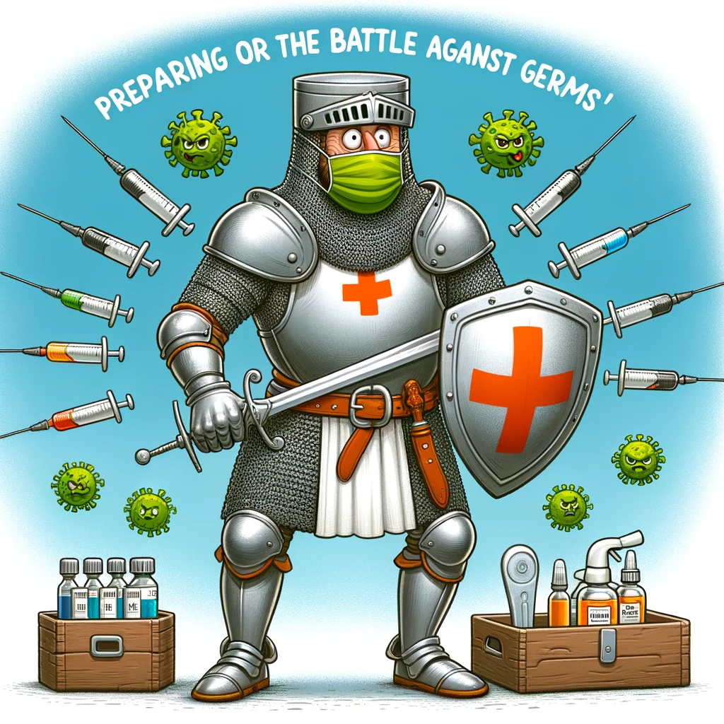 A funny cartoon of a doctor in medieval armor ready to fight diseases, with the caption 'Preparing for the battle against germs'