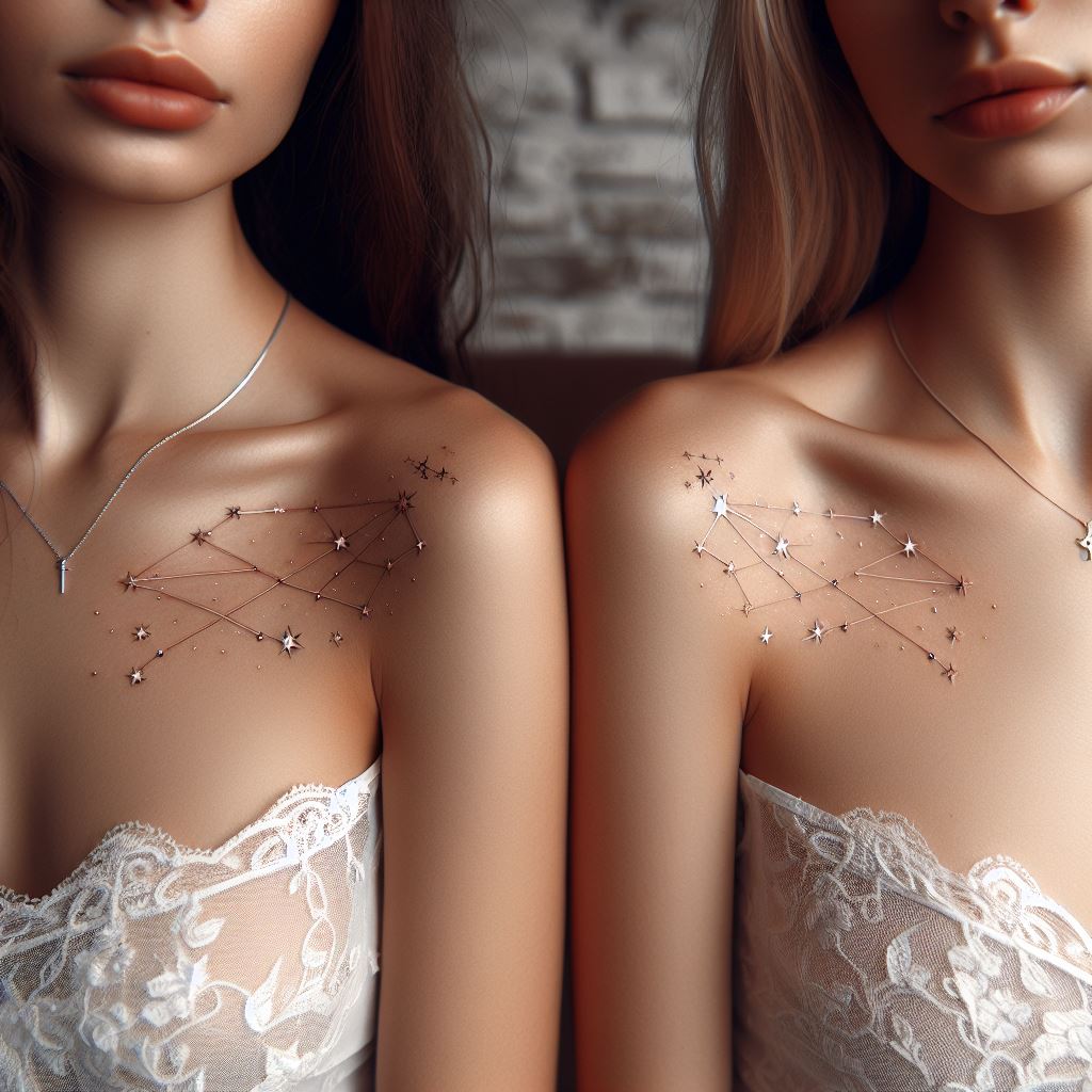 Two sisters with matching collarbone tattoos, each featuring a delicate constellation design that holds personal significance to them. The stars are connected with thin, graceful lines, and each constellation subtly incorporates the initials of the sisters, blending personalization with the cosmic theme. The setting is serene, emphasizing the beauty and timeless nature of their connection.