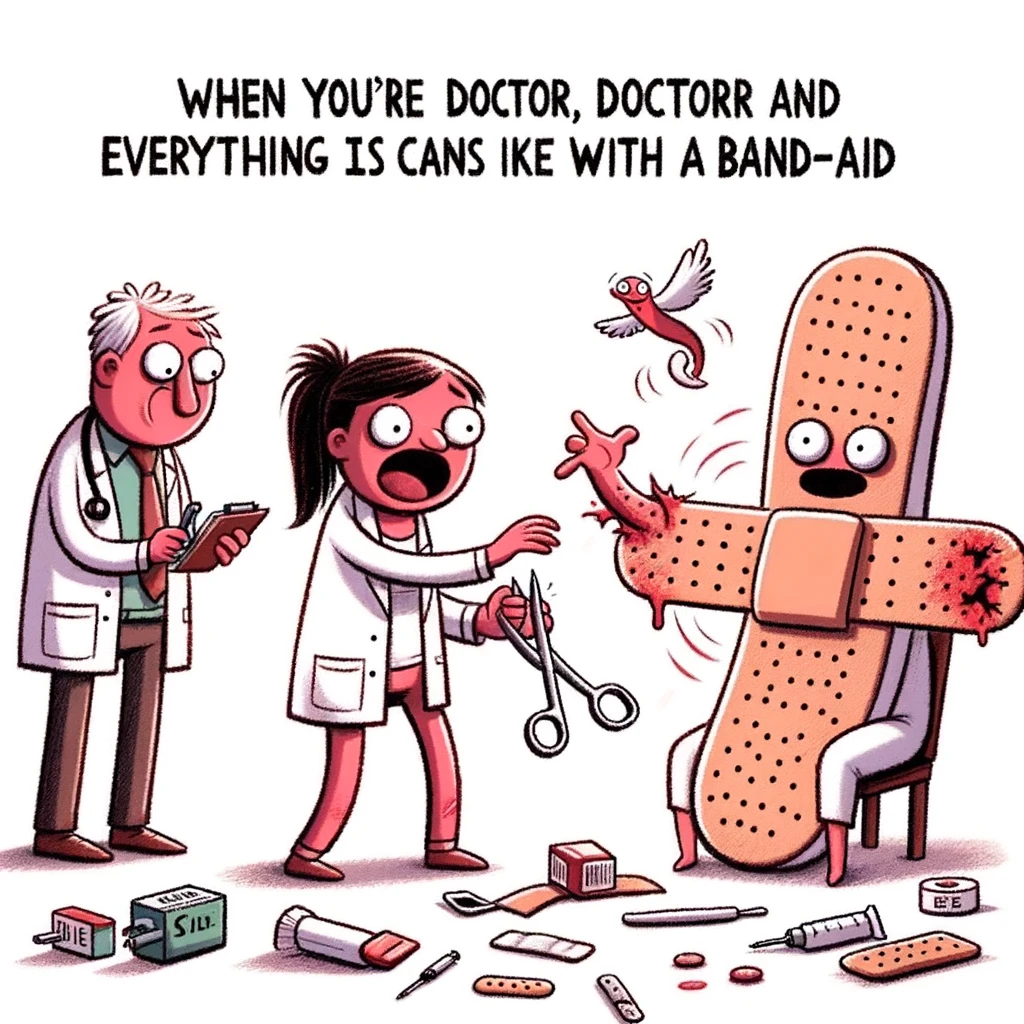 A humorous illustration of a doctor using a giant band-aid to fix everything, with the caption 'When you're a doctor and everything looks like it can be fixed with a band-aid'