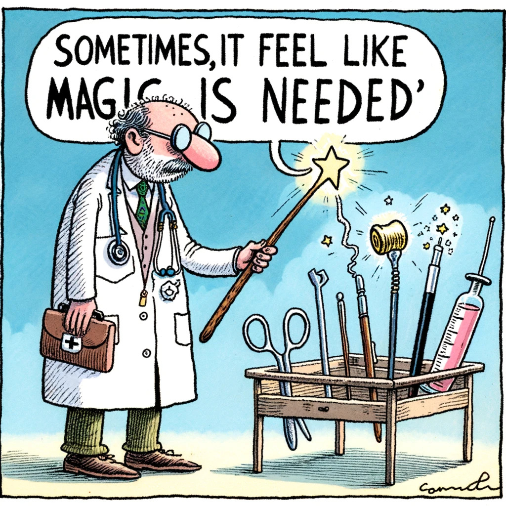 A cartoon of a doctor with a magic wand instead of medical instruments, with the caption 'Sometimes, it feels like magic is needed'