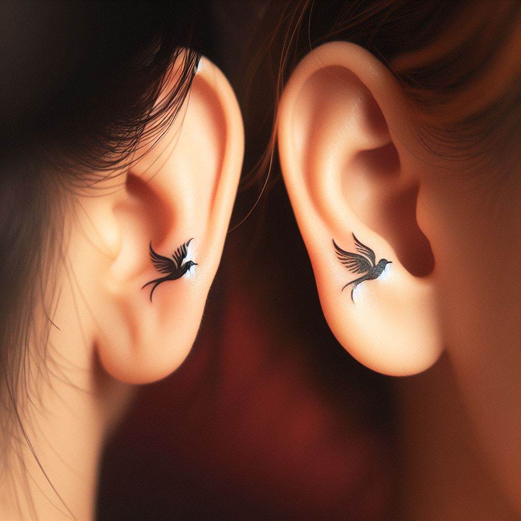 Two sisters with small, matching tattoos located just behind their ears. The design is a minimalist pair of birds in flight, symbolizing freedom and the support they provide each other. Each bird is stylized with simple lines and curves, making the tattoos both discreet and meaningful. The focus is on the elegance of the design and the intimate placement that symbolizes their close relationship.