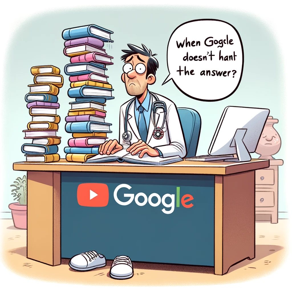 A cartoon of a doctor looking puzzled over a stack of medical books, with the caption 'When Google doesn't have the answer'