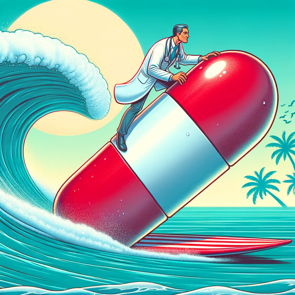 A cartoon of a doctor riding a giant pill like a surfboard, with the caption 'Catching the wave of the latest treatment trends'