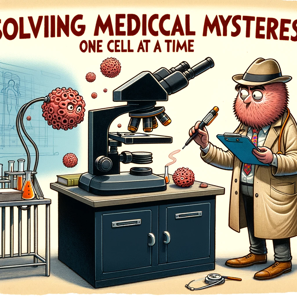 A comical illustration of a doctor dressed as a detective, examining clues under a microscope, with the caption 'Solving medical mysteries one cell at a time'