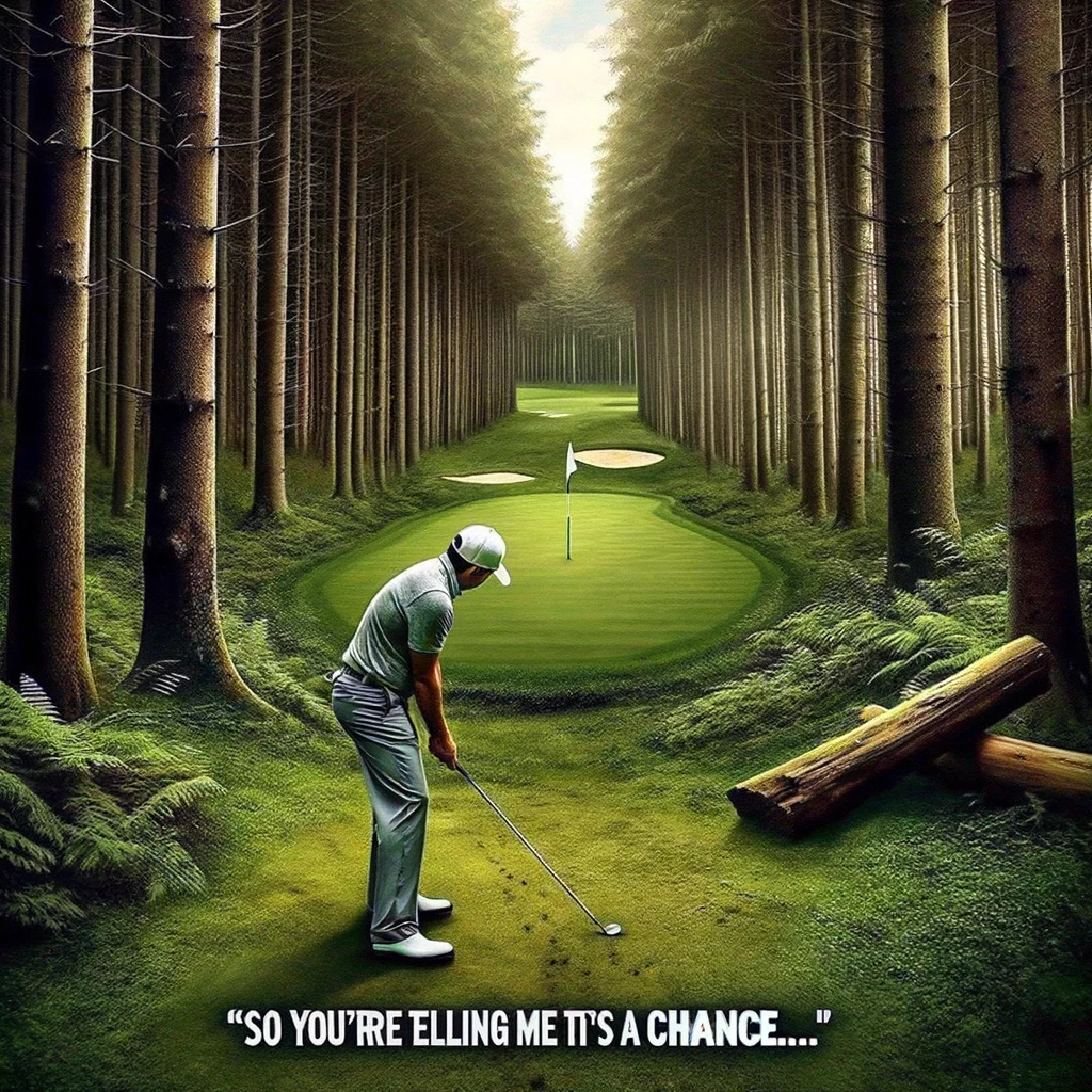 A golfer stands in thick woods, eyeing a nearly impossible shot with just a sliver of the green visible through a narrow gap between the trees. The image is captioned: "So you're telling me there's a chance..." reflecting the eternal optimism of golfers facing challenging odds. This moment captures the hopeful spirit that keeps golfers going, no matter how dire the situation seems, with a humorous nod to the optimism that defines the sport.