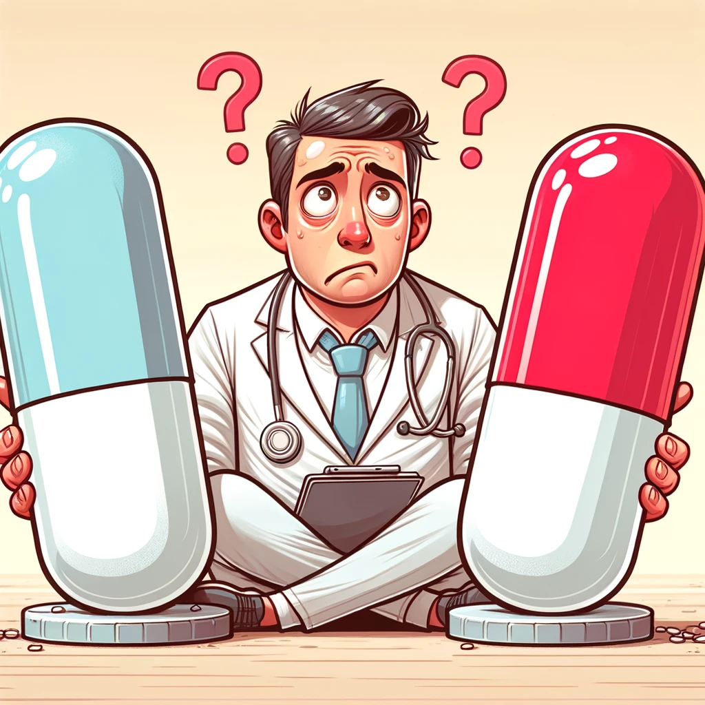 A funny illustration of a doctor trying to choose between two giant pills, looking confused, with the caption 'Decision making in modern medicine'