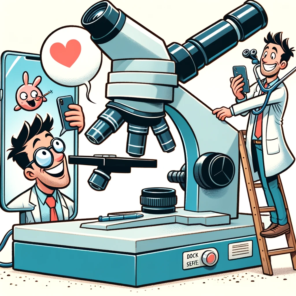 A cartoon of a doctor taking a selfie with a giant microscope, with the caption 'When you love your job a little too much'