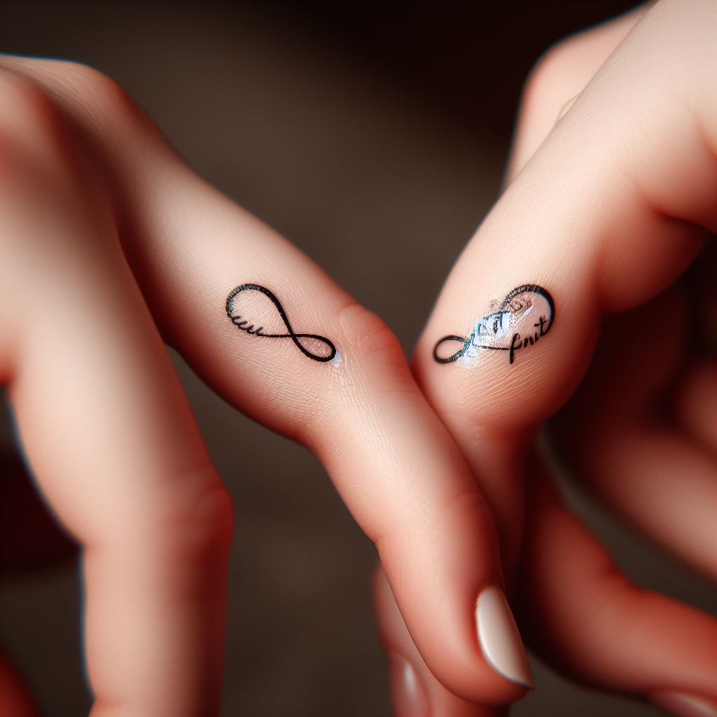 Two sisters with matching tattoos on the sides of their fingers. The design is a simple infinity symbol, representing their everlasting bond. The tattoos are delicate and precise, emphasizing the permanence and significance of their connection. The setting is a close-up view to capture the intricacy of the small tattoos and the intimate gesture of their matching placement.