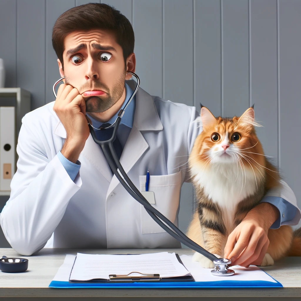 A humorous image of a doctor looking exasperated as a cat on the examination table plays with the stethoscope, with the caption 'Unexpected challenges in veterinary medicine'