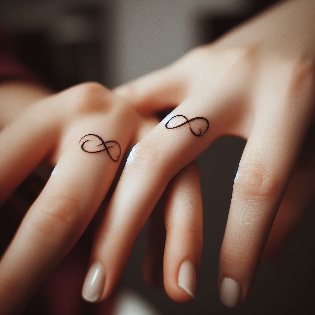 Two sisters with matching tattoos on the sides of their fingers. The design is a simple infinity symbol, representing their everlasting bond. The tattoos are delicate and precise, emphasizing the permanence and significance of their connection. The setting is a close-up view to capture the intricacy of the small tattoos and the intimate gesture of their matching placement.