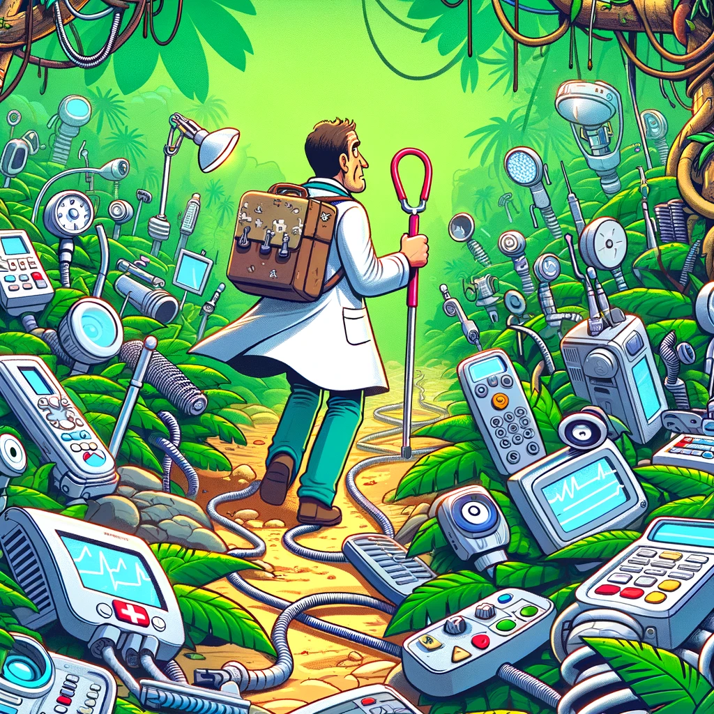 A cartoon of a doctor navigating through a jungle of medical equipment, with the caption 'The adventure of modern healthcare'