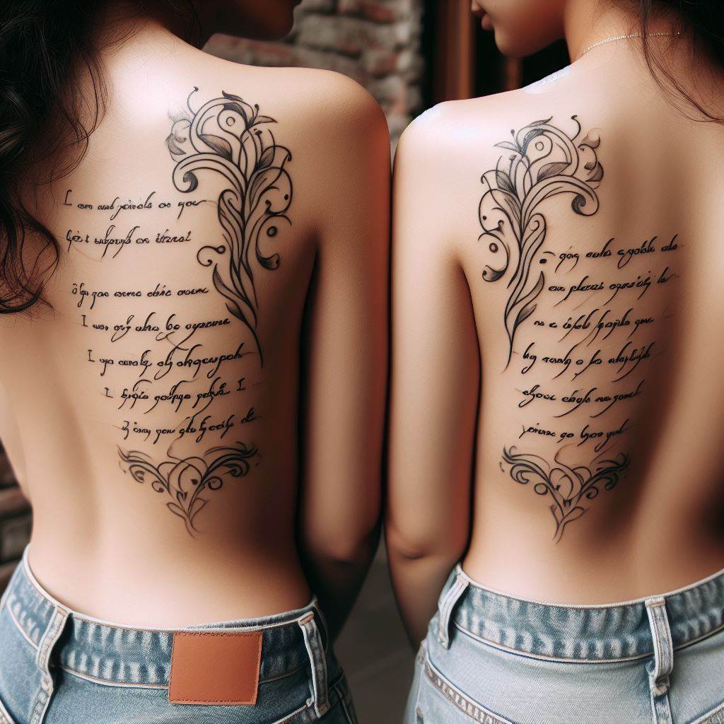 Two sisters with matching tattoos along their ribcage, featuring a quote in a handwritten script that holds personal meaning to them. The quote flows elegantly along the contours of their bodies, symbolizing their shared experiences and the support they find in each other. The background is blurred to focus on the emotional and personal significance of the tattoos, highlighting the intimacy of their bond through the chosen words.