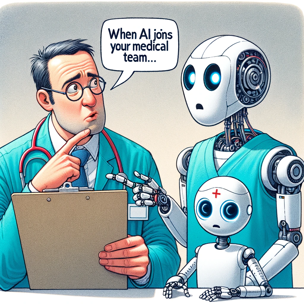 A comical illustration of a doctor and a robot comparing notes, with the caption 'When AI joins your medical team'