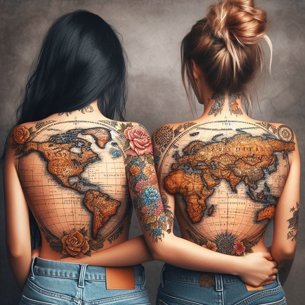 Two sisters each having a half of a world map tattooed on their back, symbolizing their love for adventure and the journeys they've taken together. The map is detailed, with each continent represented, and when the sisters stand side by side, the map completes. The artwork is styled to look vintage, reminiscent of old explorer maps, emphasizing their shared wanderlust.