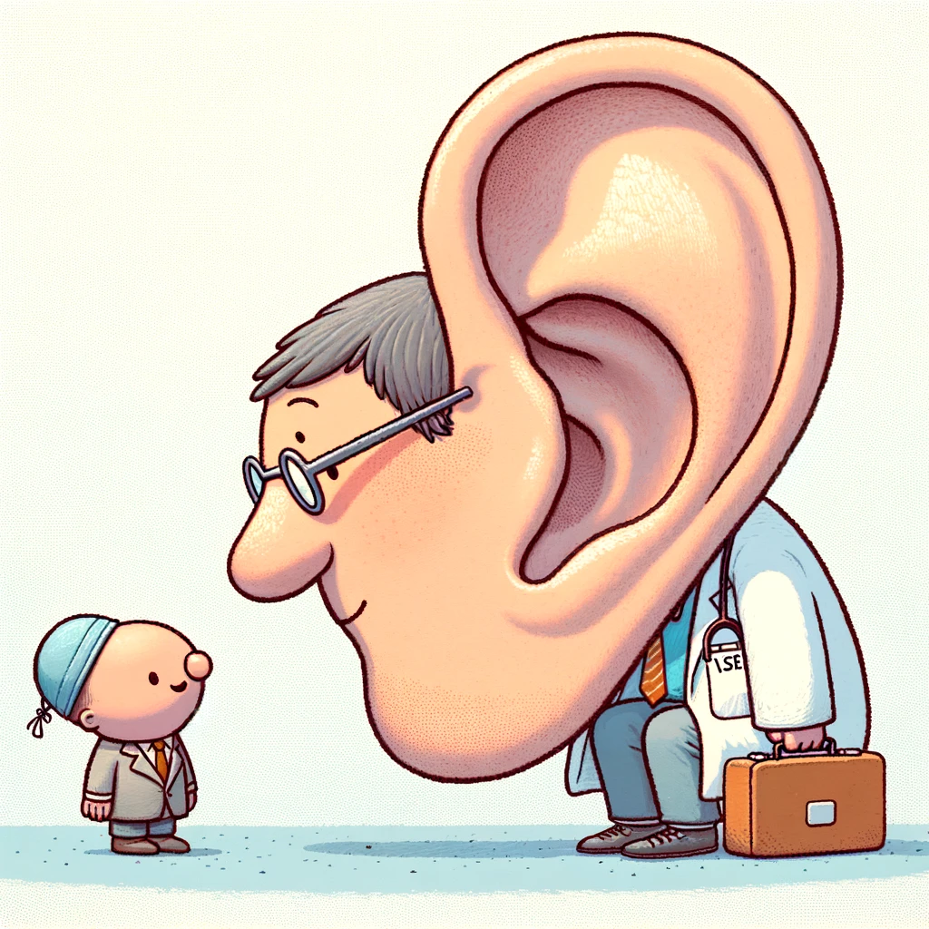 A funny cartoon of a doctor with a giant ear listening to a tiny patient, with the caption 'Sometimes, all you need is someone to listen'
