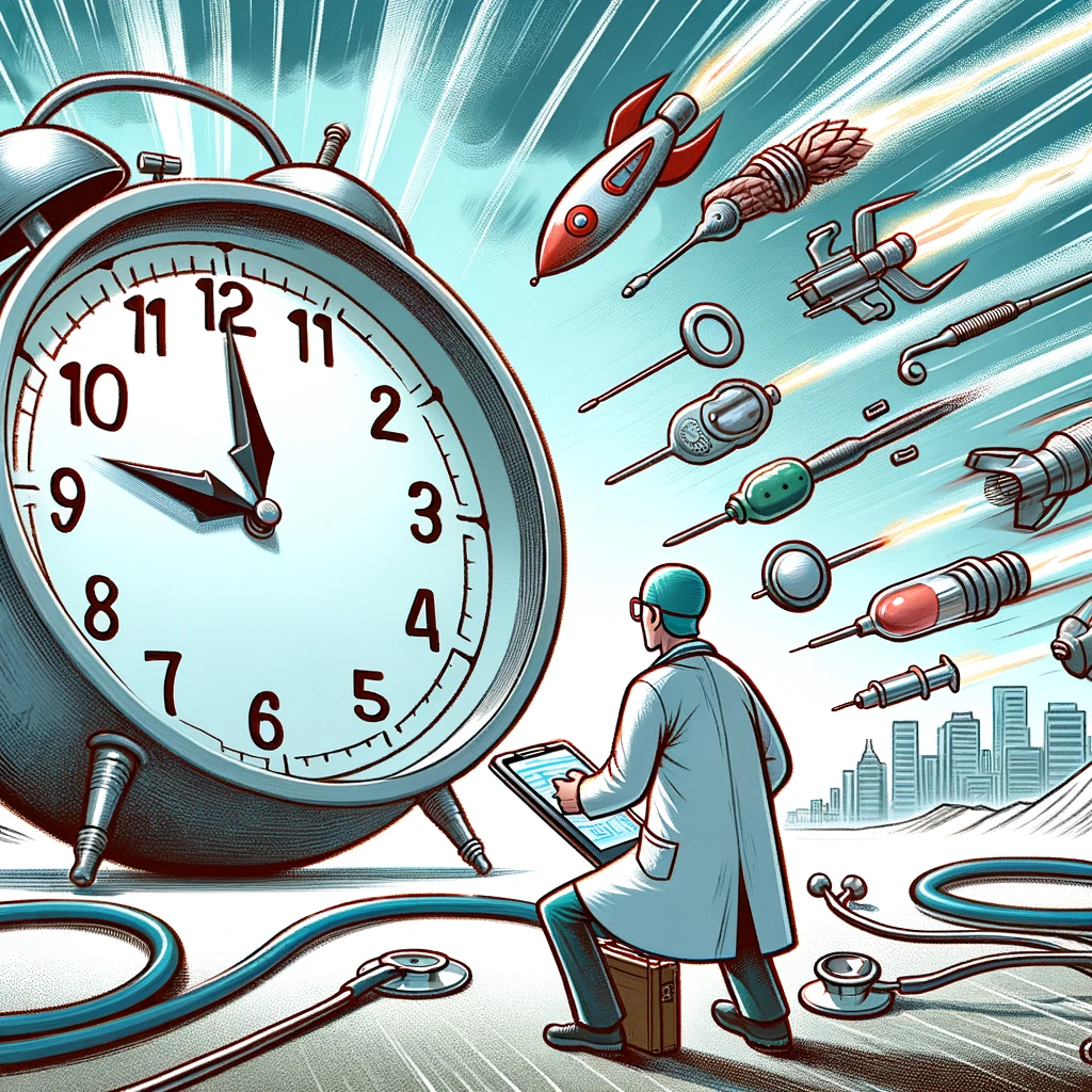 A cartoon of a doctor looking at a giant clock, with medical tools racing around it, with the caption 'Racing against time in healthcare'