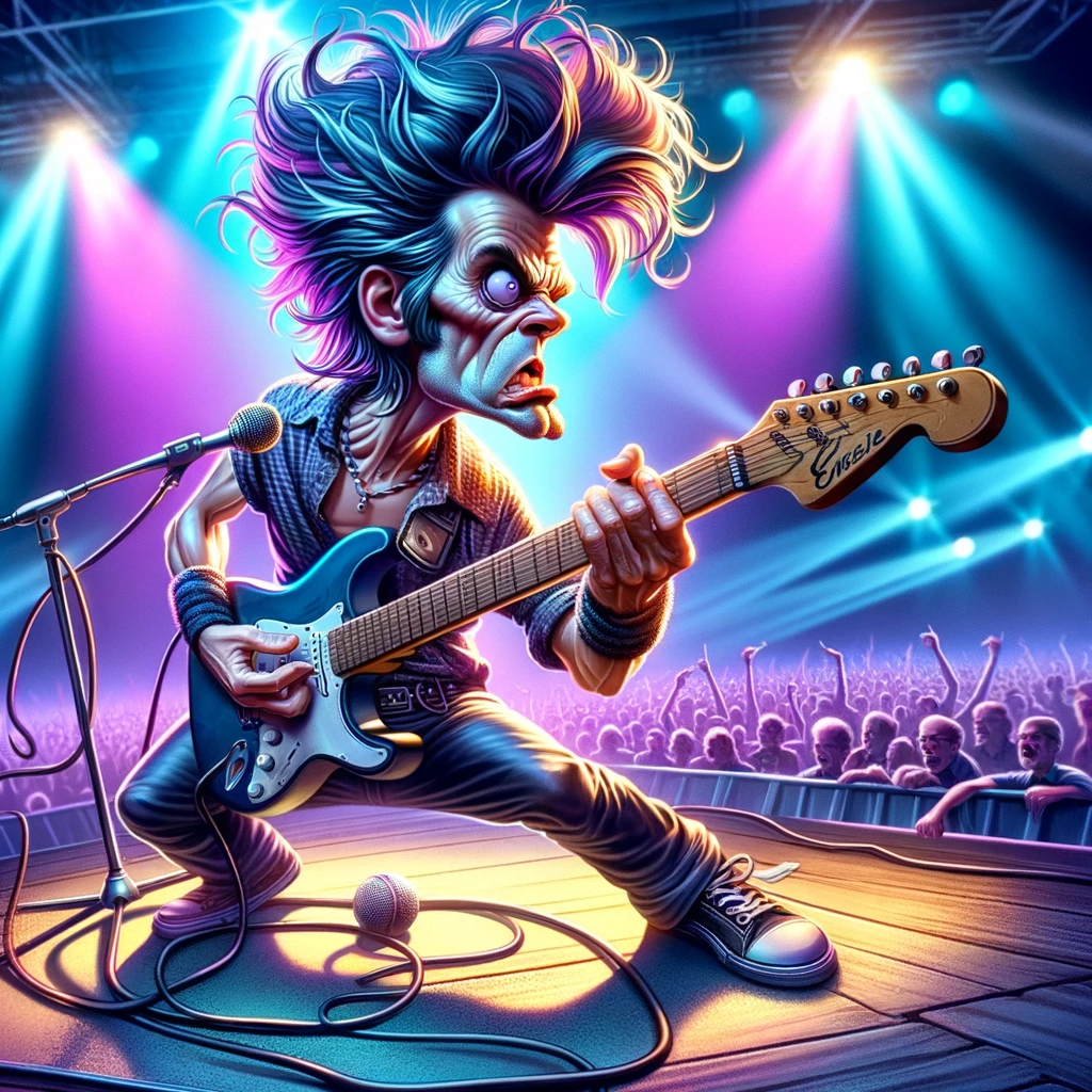 A cartoonish rockstar with exaggerated features, playing an electric guitar on a brightly lit stage. The scene is vibrant and colorful, capturing the essence of a live concert. The rockstar has a wild hairstyle, flamboyant clothing, and an intense expression of passion for music. The caption reads: "When you hit the wrong note but you still rock it."