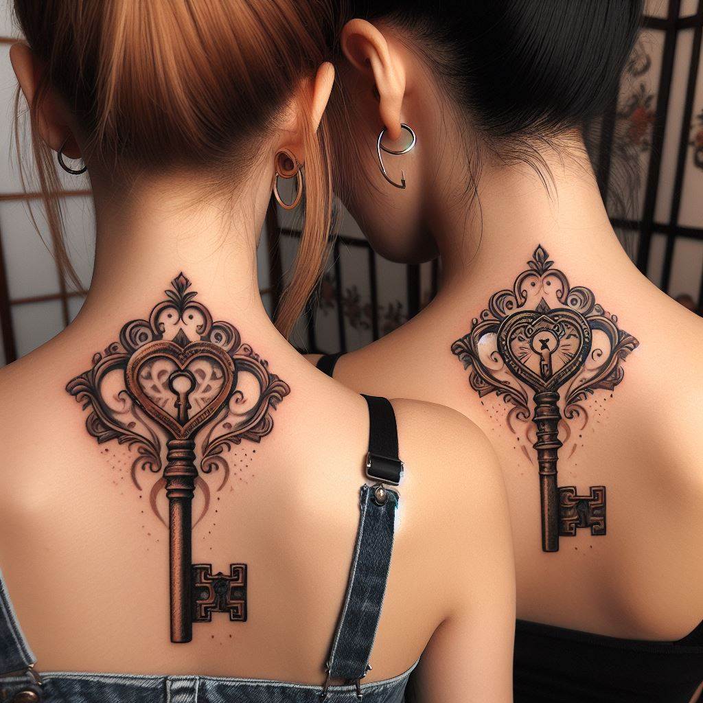 Two sisters with matching tattoos at the nape of their necks, featuring a key and a lock. One sister has the key, and the other has the lock, symbolizing that they hold the key to each other's hearts. The designs are vintage-inspired, with intricate details to emphasize the uniqueness of their relationship. The setting is focused on the tattoos, showcasing the thoughtfulness and depth of their bond.
