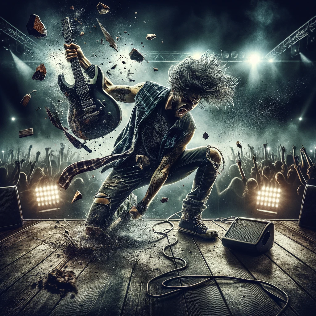 A grungy, edgy rockstar smashing a guitar on stage, with debris flying around. The background is a dark, moody concert scene with flashing lights and an ecstatic audience. The rockstar is in full action, showcasing a moment of raw energy and rebellion. The caption reads: "That moment when the music hits you so hard, you gotta hit back."