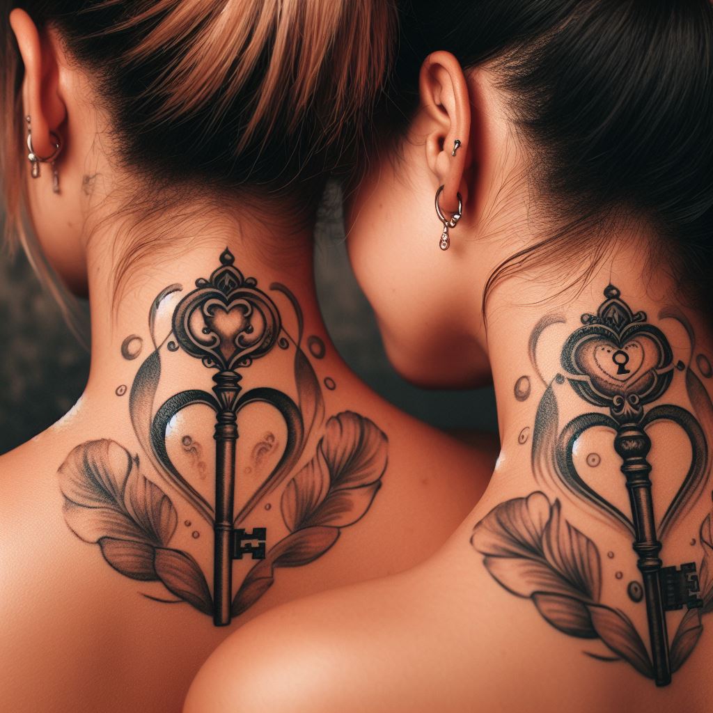 Two sisters with matching tattoos at the nape of their necks, featuring a key and a lock. One sister has the key, and the other has the lock, symbolizing that they hold the key to each other's hearts. The designs are vintage-inspired, with intricate details to emphasize the uniqueness of their relationship. The setting is focused on the tattoos, showcasing the thoughtfulness and depth of their bond.