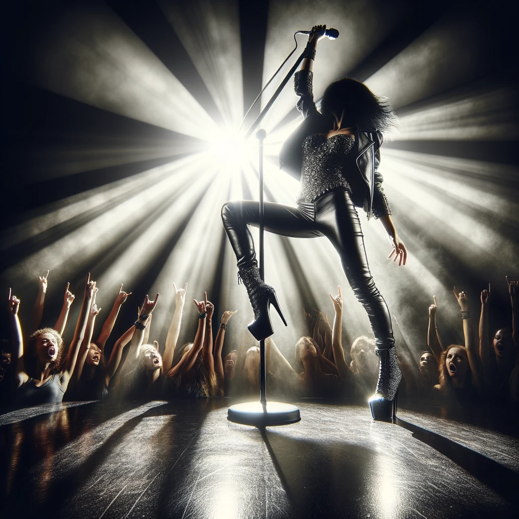 A rockstar in a dramatic pose, holding a microphone stand above their head with one hand, in front of a crowd of adoring fans. The stage is illuminated by a spotlight, casting dramatic shadows. The rockstar's outfit is a mix of leather and glitter, reflecting their unique style. The caption reads: "When the crowd sings louder than you."