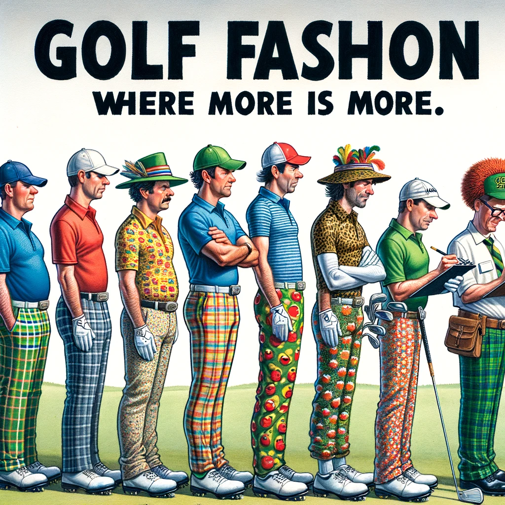 A lineup of golfers wearing increasingly outrageous outfits, from traditional polos to pants covered in loud patterns, standing next to a character with a badge and a golf cap, who is marking scores on a clipboard. The scene is humorously captioned: "Golf fashion: Where more is more." This image pokes fun at the unique and sometimes eccentric fashion choices seen on the golf course, celebrating the diversity and creativity of golf attire in a lighthearted manner.