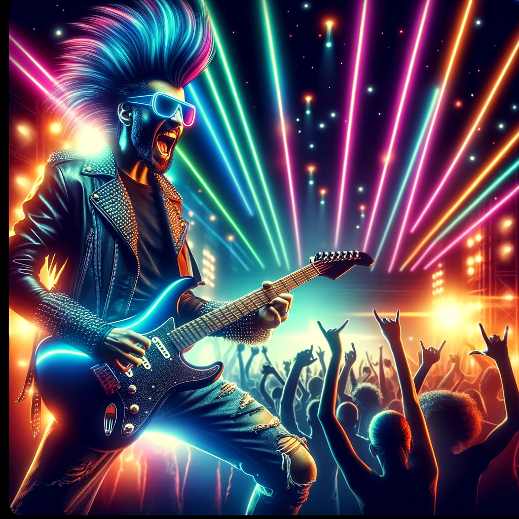 A rockstar with a funky hairstyle, wearing sunglasses at night, playing a keytar with neon lights in the background. The scene is filled with energy, with the audience seen as colorful silhouettes dancing to the music. The caption reads: "When your outfit is louder than your music."