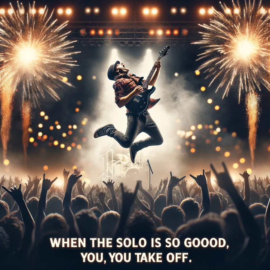 A rockstar jumping high in the air during a concert, guitar in hand, with fireworks exploding in the background. The atmosphere is electric, with the crowd's excitement palpable. The rockstar's expression is one of pure joy and freedom. The caption reads: "When the solo is so good, you take off."