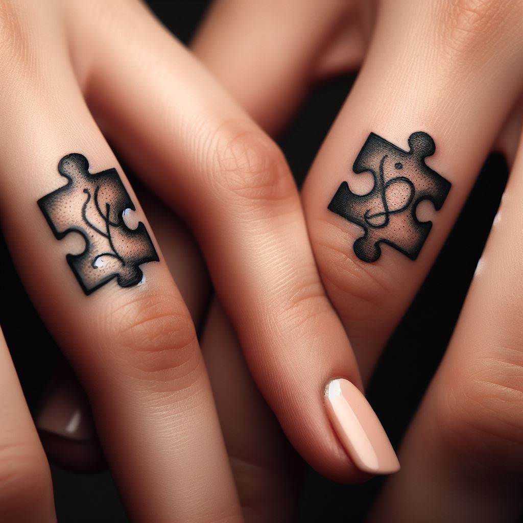 Two sisters with small, interlocking designs tattooed on the sides of their fingers, visible only when their hands are held together. The design consists of two puzzle pieces that fit perfectly, symbolizing how they complete each other. Focus on the detail and precision of the tattoos, with a close-up view that highlights the unique connection between the sisters through this intimate and personal symbol.