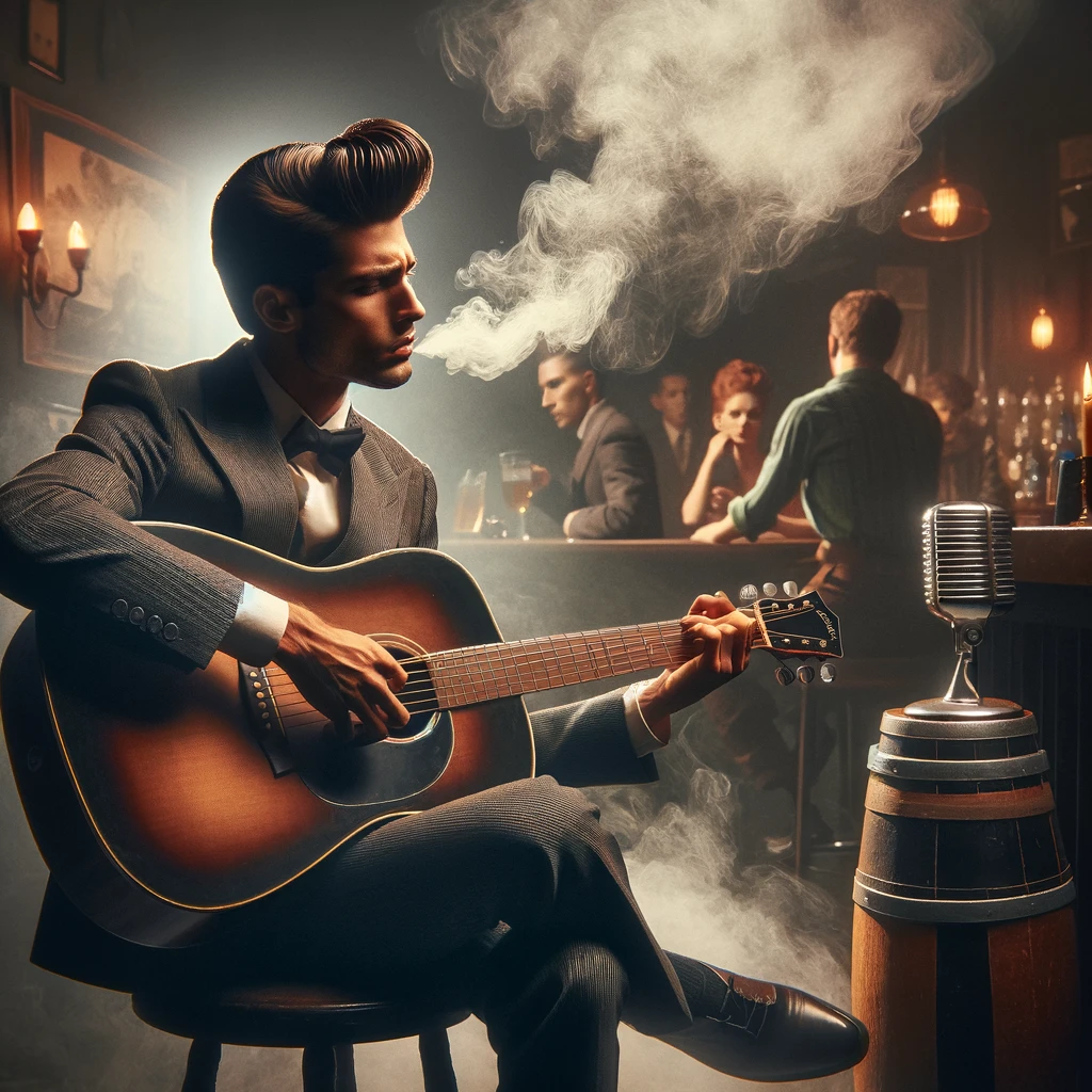 A vintage scene of a rockstar with a classic pompadour hairstyle, strumming an acoustic guitar, sitting on a stool in a smoky bar. The ambiance is intimate, with a small, captivated audience. The caption reads: "When you're acoustic but still a rockstar at heart."
