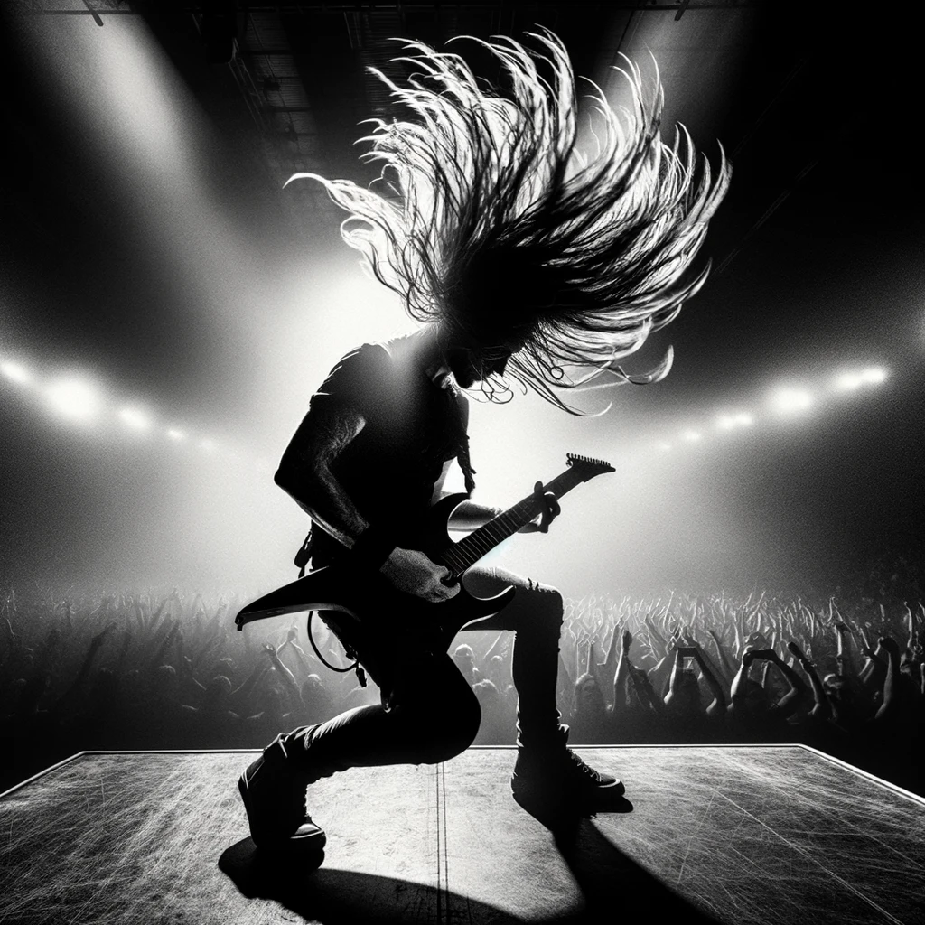 A rockstar dramatically flipping their hair while performing a powerful guitar solo. The stage lighting casts dynamic shadows, emphasizing the motion and energy of the moment. The crowd is visible in the background, illuminated by concert lights. The caption reads: "When the hair flip is as epic as the solo."