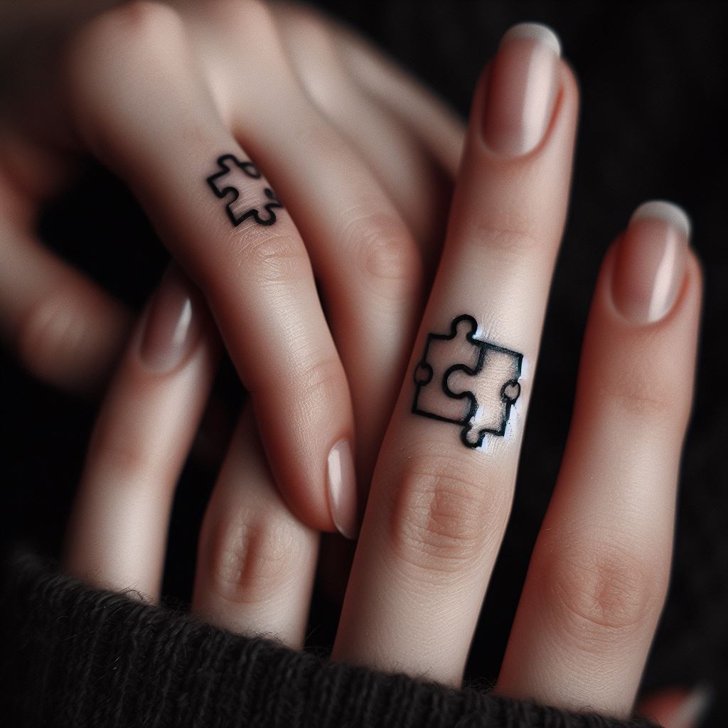Two sisters with small, interlocking designs tattooed on the sides of their fingers, visible only when their hands are held together. The design consists of two puzzle pieces that fit perfectly, symbolizing how they complete each other. Focus on the detail and precision of the tattoos, with a close-up view that highlights the unique connection between the sisters through this intimate and personal symbol.