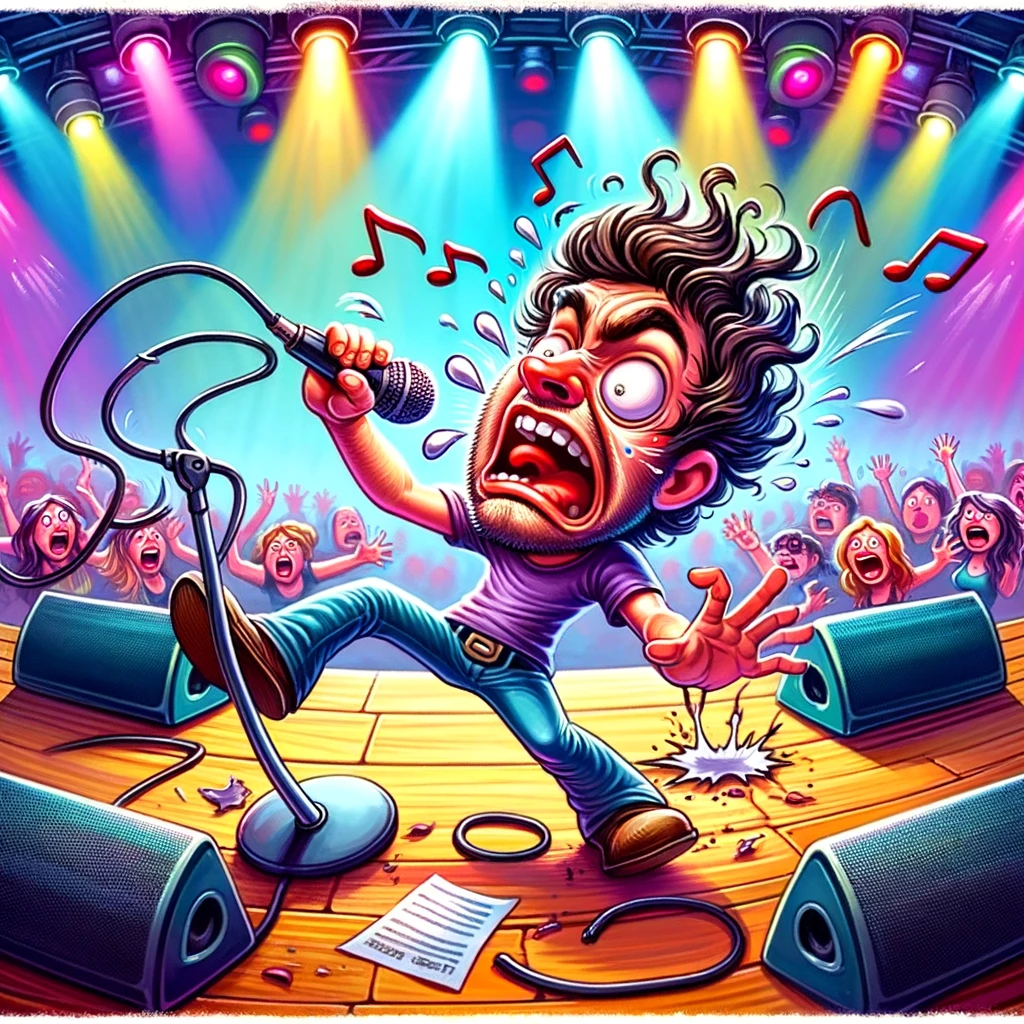 A cartoonish depiction of a rockstar trying to sing but accidentally dropping the microphone, with a humorous expression of surprise. The background is a colorful, exaggerated concert setting with speakers, lights, and a lively audience. The caption reads: "When you drop the mic, but not on purpose."