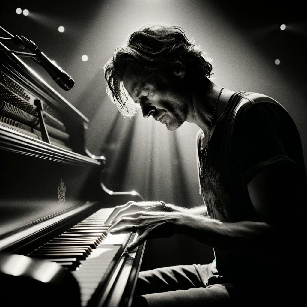 A rockstar lost in the moment, playing an intense piano solo with eyes closed and a serene expression. The concert hall is dimly lit, focusing all attention on the illuminated piano and the artist. The caption reads: "When the piano speaks louder than words."